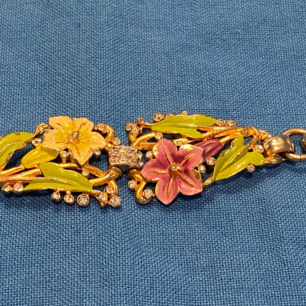 Vintage gold over silver enamel floral bracelet size 6.5 inches pre-1955 EUC